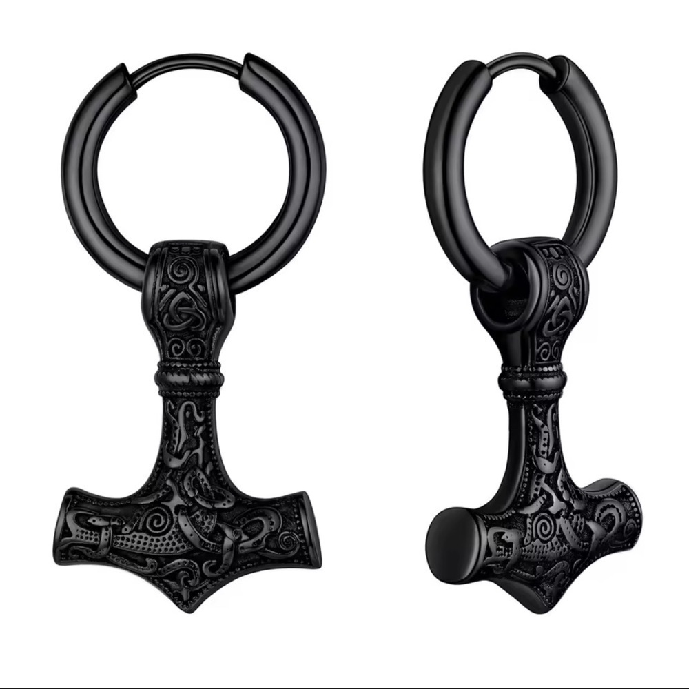 Black Gun Metal Gold Mjolnir Thor’s Hammer Viking Runes Unisex Hoop Earrings - Picture 3 of 7